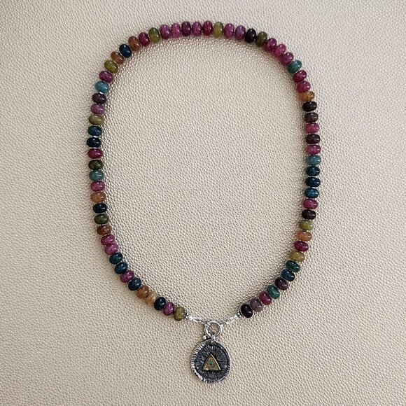 JEWEL TONE JADE NECKLACE W/ 925 EYE PENDANT--18" - Picture 2 of 2